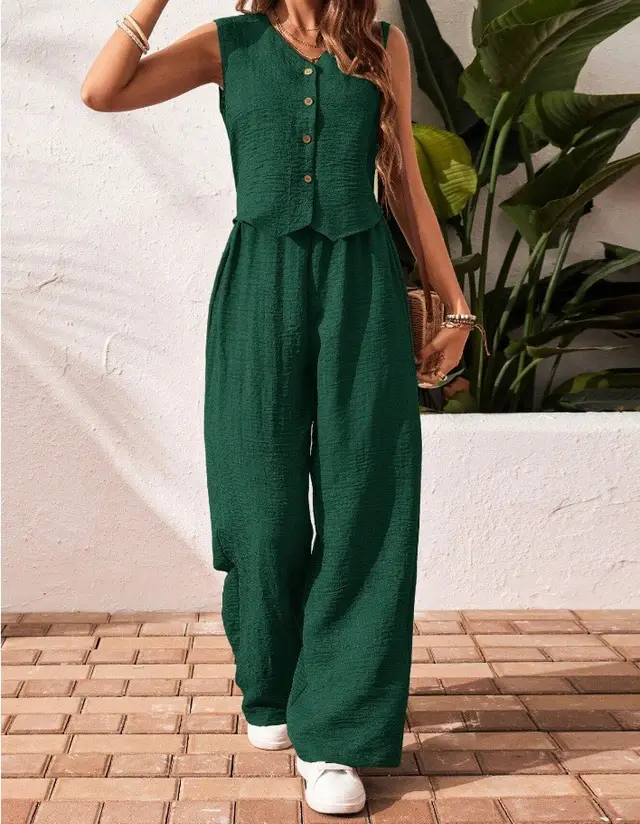 Linen Leisure Commute Front Button Vest And Trousers Dark Green - Shop at LoveMi