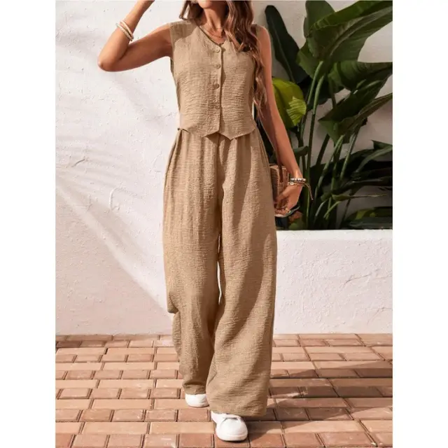 Linen Leisure Commute Front Button Vest And Trousers Khaki - Shop at LoveMi
