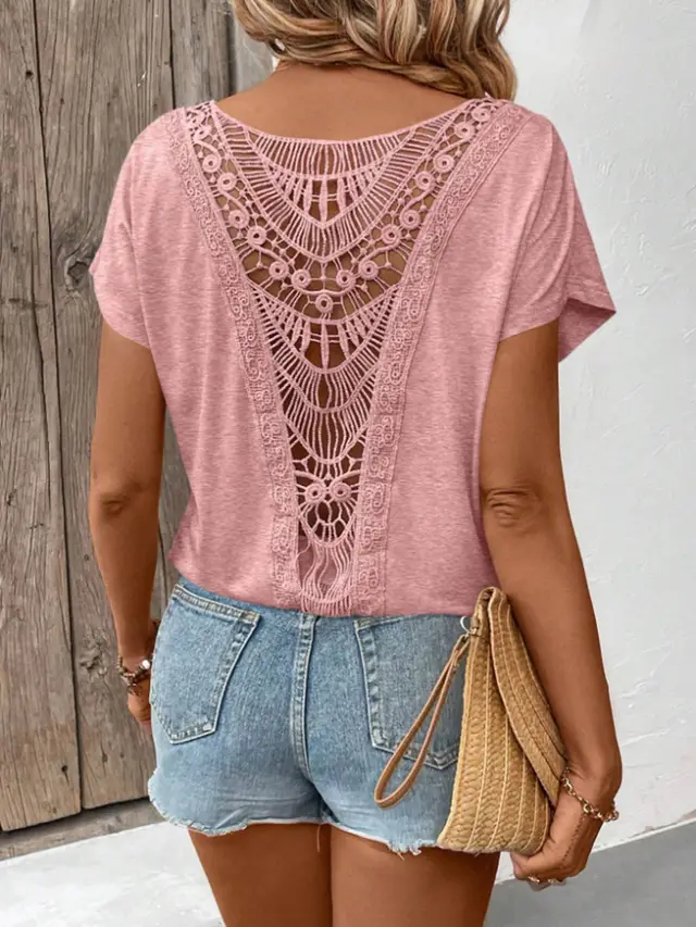 Lace Patchwork Short sleeved T shirt Women's Clothing Pink - Shop at LoveMi