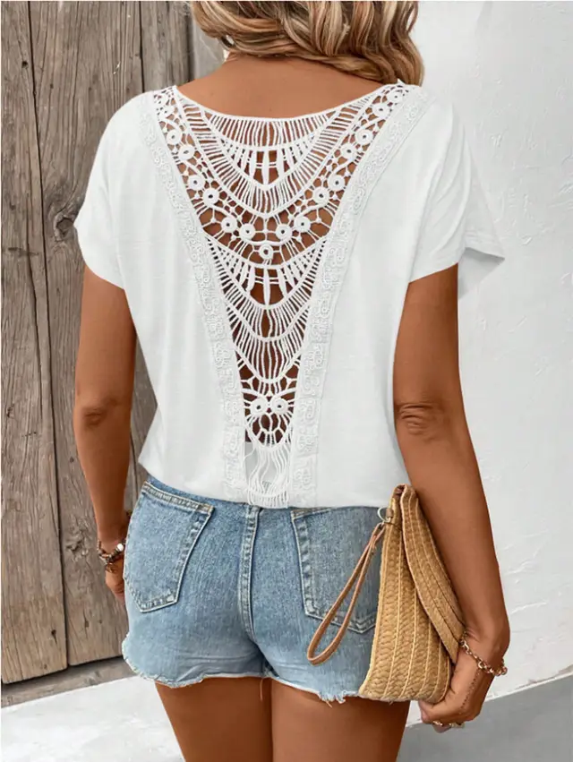 Lace Patchwork Short sleeved T shirt Women's Clothing White - Shop at LoveMi