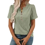 Round Neck Flower Jacquard Top Button T-shirt - Bean Green