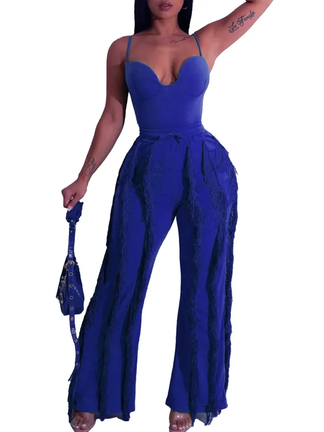 Solid Color Tassel Two piece Suit Dark Blue - Shop at LoveMi