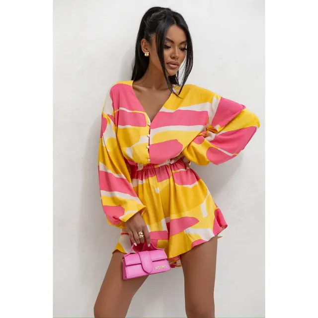Printed V neck Long Sleeve Jumpsuit Yellow - Shop at LoveMi