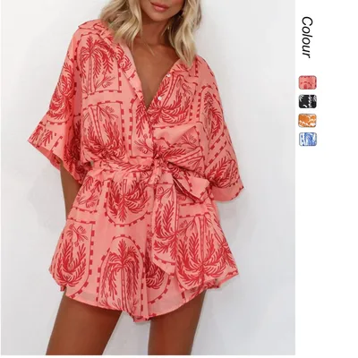 Women's Waist controlled Lace up Geometric Printed Sexy Jumpsuit Red - Shop at LoveMi