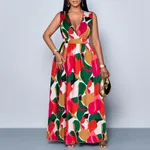 V-neck Printed Plus Size Loose Sleeveless Dress Women - Red