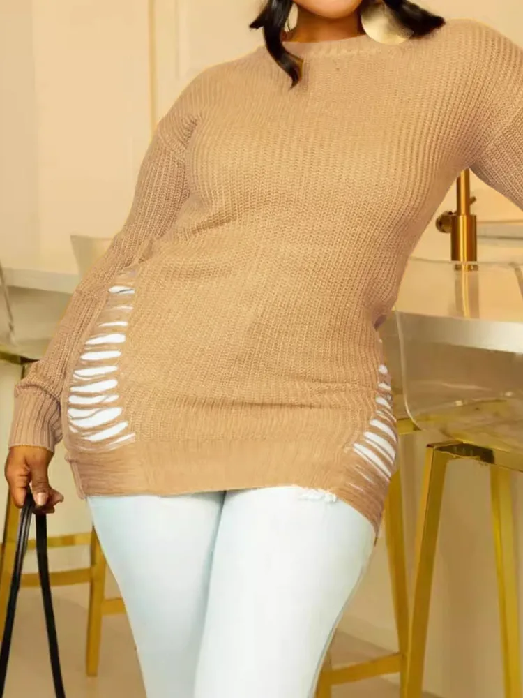 Fashion Sexy Cutout Slim Fit Long Pullover Sweater - Khaki - View 1