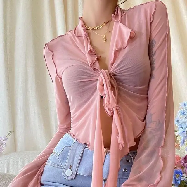 Outdoor V neck See through Strap Bare Midriff Slim Fit Slimming Cardigan Pink - Shop at LoveMi