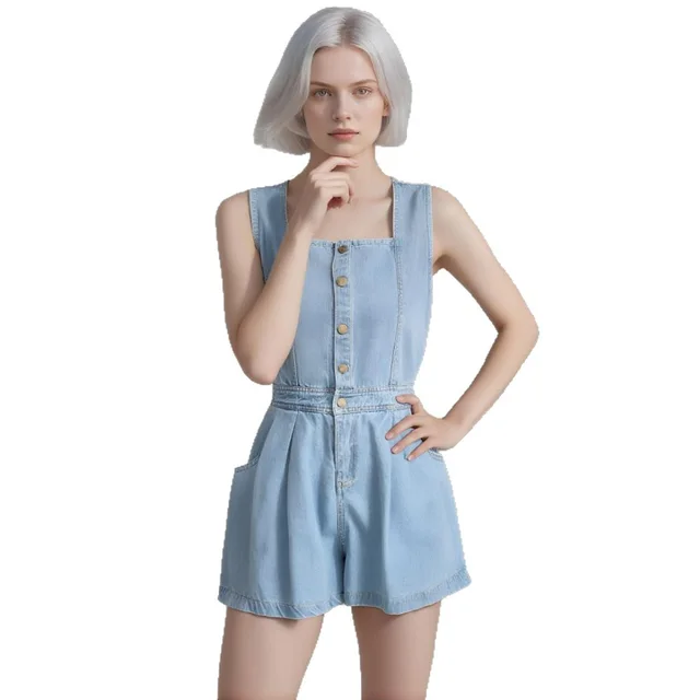 Strap Denim Jumpsuit Women's Back Slit Single breasted High Waist Wide Leg Pants Light Blue - Shop at LoveMi