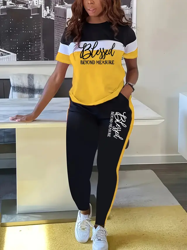 Contrast Color Striped Short Sleeve With Wide Leg Pants Suit Tz00613 - Shop at LoveMi