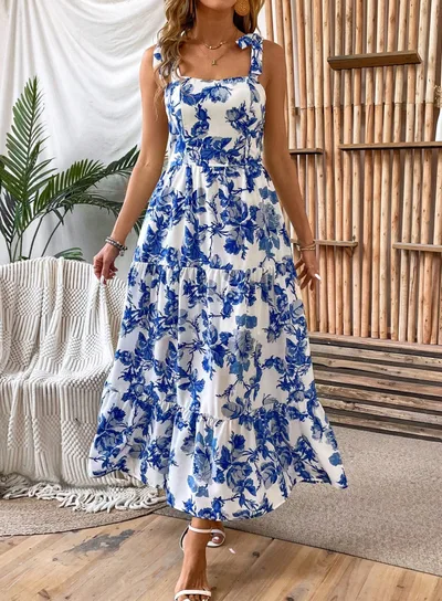 Sexy Sleeveless Lace Printing Fashion Midi Dress Blue - Shop at LoveMi
