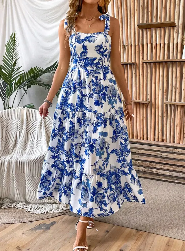 Sexy Sleeveless Lace Printing Fashion Midi Dress Blue - Shop at LoveMi