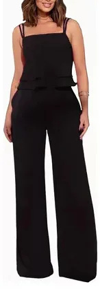 Sling Pure Color Ruffles Top Straight leg Pants Fashion Suit Black - Shop at LoveMi