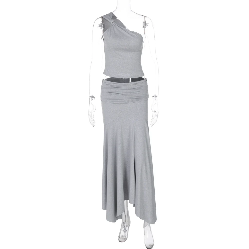 Ins Style Women's Solid Color Sleeveless Vest High Waist Skirt Two-piece Set - Gray