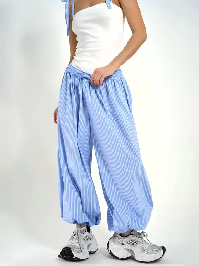 Elastic Waist Striped Loose Lantern Trousers Blue - Shop at LoveMi