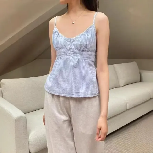 Blue And White Striped Lace V neck Lace up Camisole Stripes - Shop at LoveMi