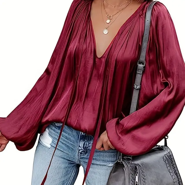 Women's Satin V neck Long Sleeve Shirt Leisure Bloomers Burgundy - Shop at LoveMi