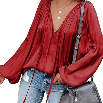 Women's Satin V neck Long Sleeve Shirt Leisure Bloomers Red - Shop at LoveMi