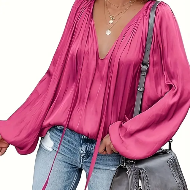 Women's Satin V neck Long Sleeve Shirt Leisure Bloomers Rose Red - Shop at LoveMi