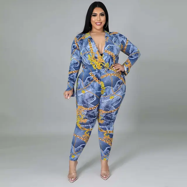 Plus Size Women's Autumn New Fashion V neck Printed Shirt Trousers Suit Blue - Shop at LoveMi