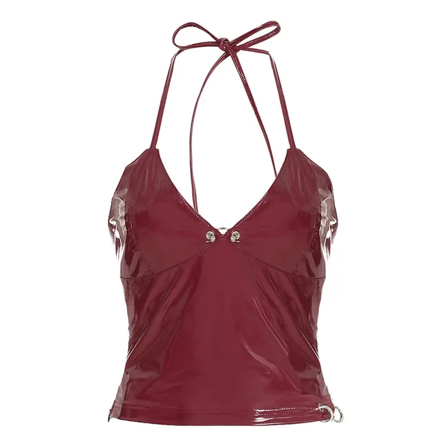 V neck Metal Buckle Pleated Chest Slimming Leather Sling Top Red - Shop at LoveMi