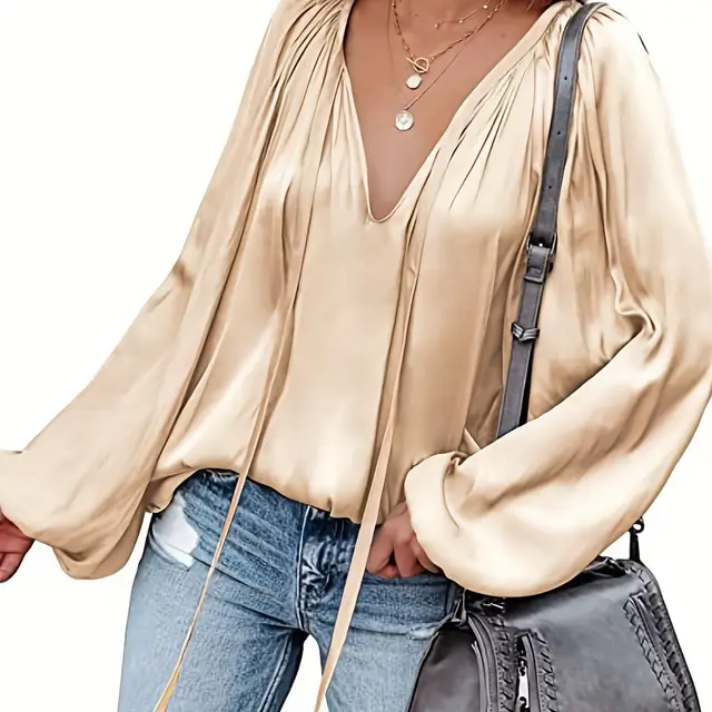 Women's Satin V neck Long Sleeve Shirt Casual Apricot - Shop at LoveMi