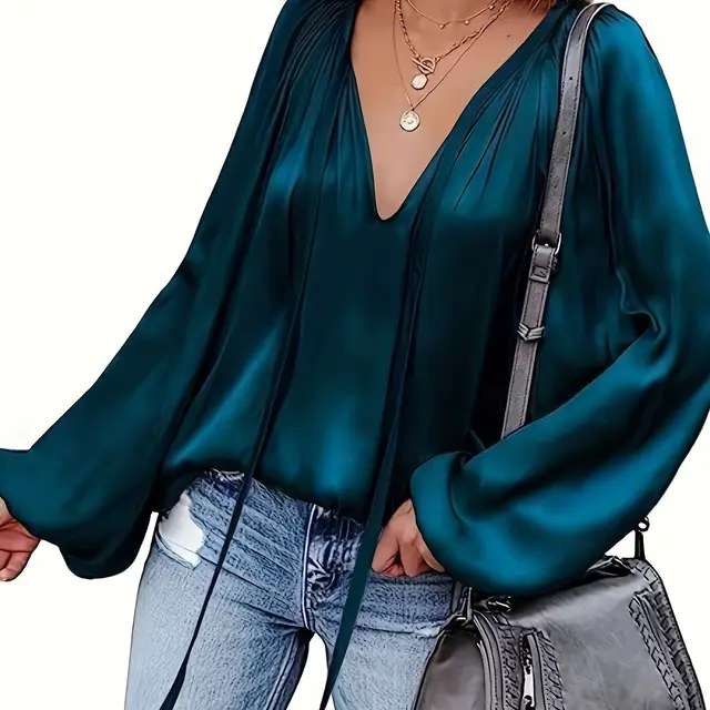 Women's Satin V neck Long Sleeve Shirt Casual Peacock Blue - Shop at LoveMi