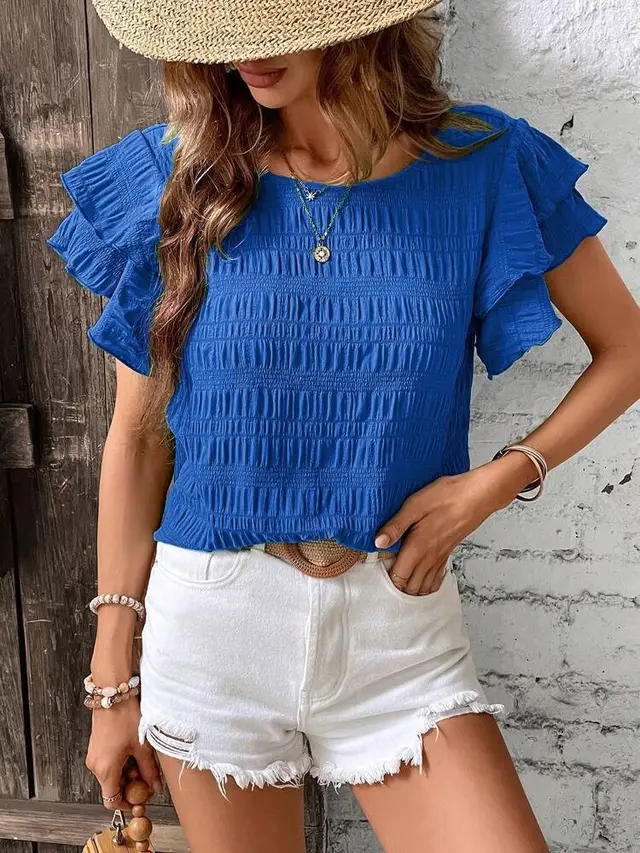 Fashion New Ruffle Sleeve Casual Top For Women Blue - Shop at LoveMi