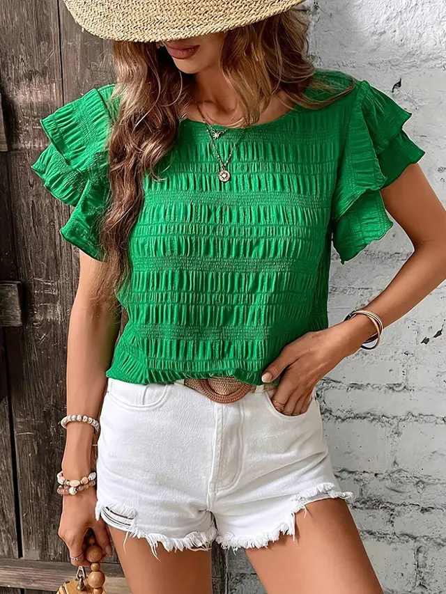 Fashion New Ruffle Sleeve Casual Top For Women Green - Shop at LoveMi