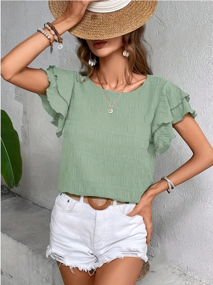 Fashion New Ruffle Sleeve Casual Top For Women - Light Green - View 1