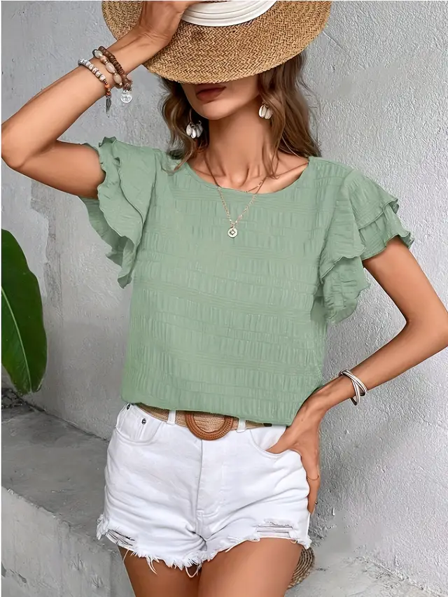 Fashion New Ruffle Sleeve Casual Top For Women Light Green - Shop at LoveMi