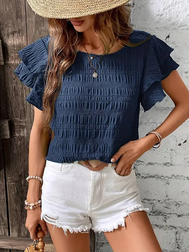 Fashion New Ruffle Sleeve Casual Top For Women Navy Blue - Shop at LoveMi