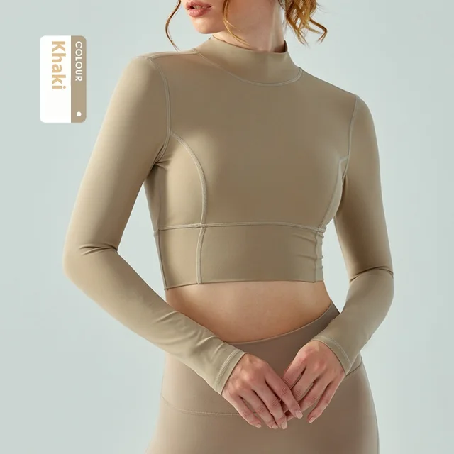 Stand Collar Fallwinter Yoga Wear Long Sleeve Women's Water Drop Semi fixed Cup Hollow out Beauty Back Khaki - Shop at LoveMi