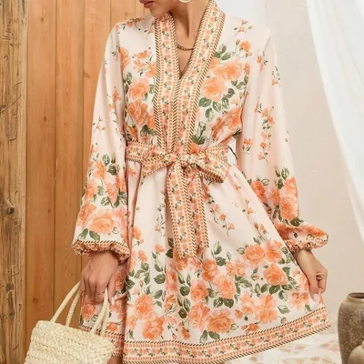 Winter European And American Flower Printing Long Sleeve Tied Dress Yellow Green - Shop at LoveMi