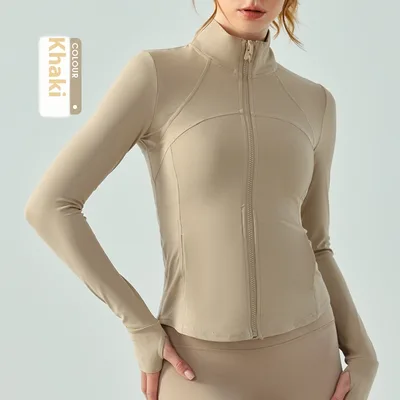 Autumn And Winter Nude Feel Slim Fit Slimming Zipper Yoga Clothes Long Sleeve Outdoor Workout Top Khaki - Shop at LoveMi