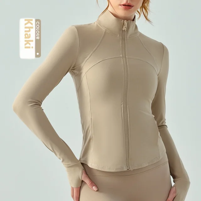 Autumn And Winter Nude Feel Slim Fit Slimming Zipper Yoga Clothes Long Sleeve Outdoor Workout Top Khaki - Shop at LoveMi