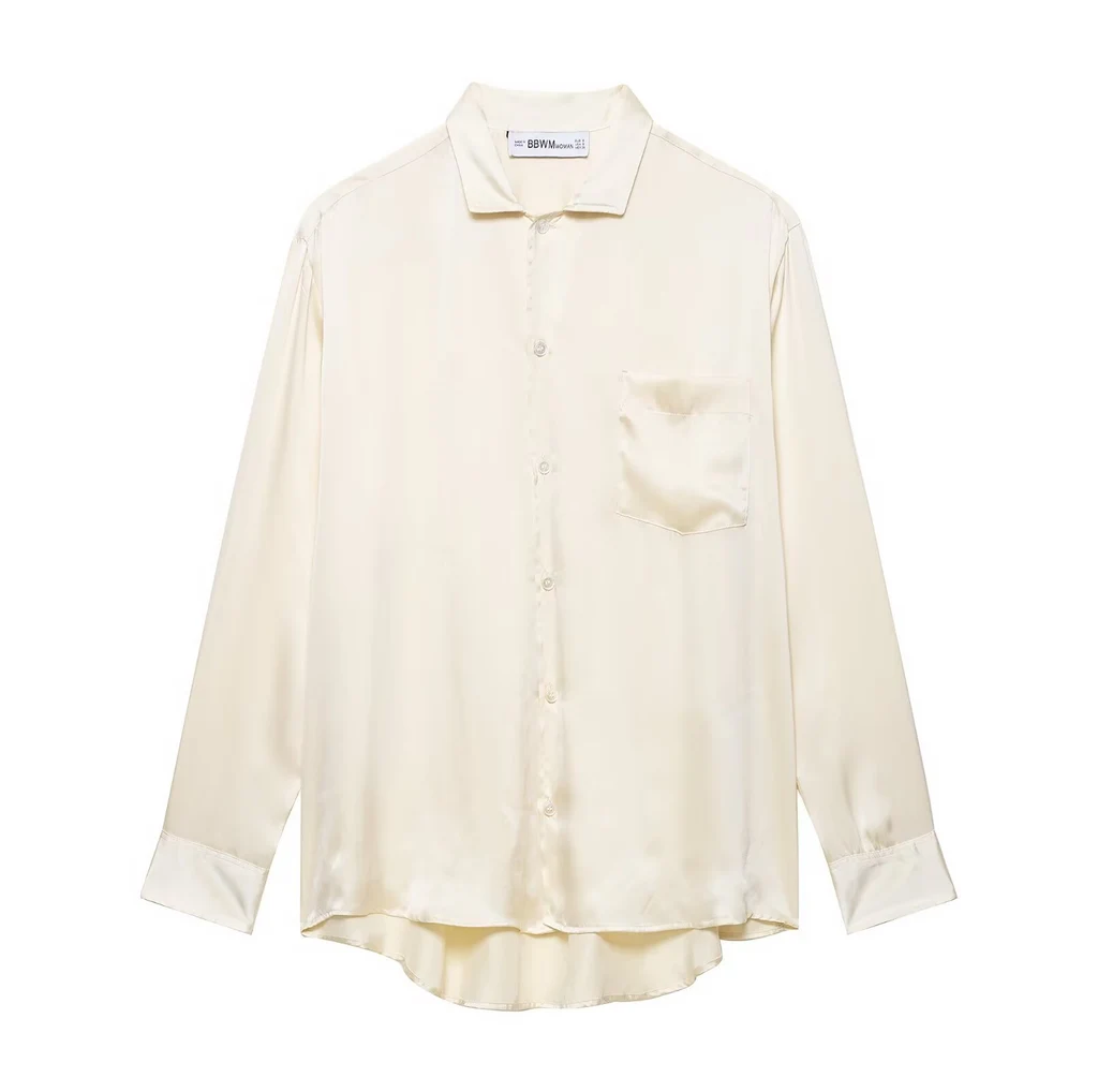 Pocket Silk Lapel Shirt Mid Waist Wide-leg Casual Pants Suit - Beige Shirt