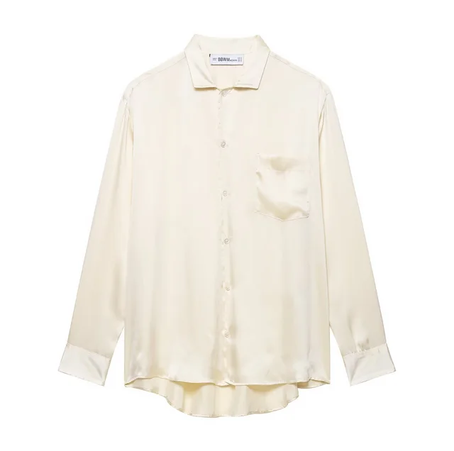 Pocket Silk Lapel Shirt Mid Waist Wide leg Casual Pants Suit Beige Shirt - Shop at LoveMi