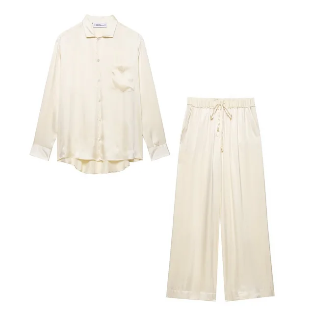 Pocket Silk Lapel Shirt Mid Waist Wide leg Casual Pants Suit Beige Suit - Shop at LoveMi
