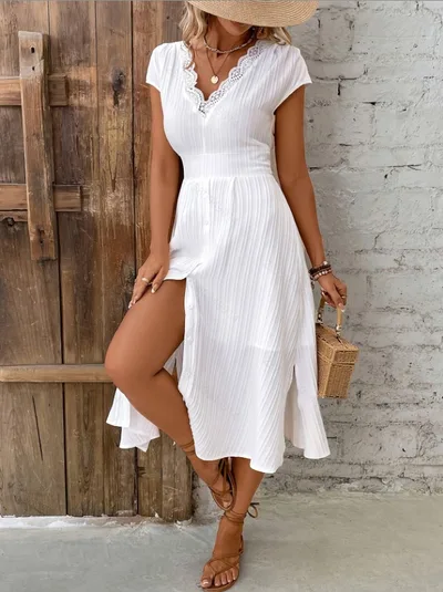 V neck Lace Textured Shirt Fashion Dress Date Elegant Dress White - Shop at LoveMi