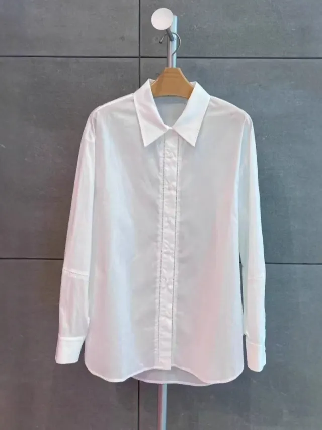 Commuter's All matching Hollow out Design Polo Collar Long sleeved Shirt White - Shop at LoveMi