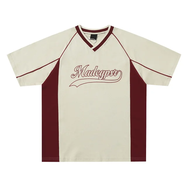 Short sleeved Men's Summer Color Contrast Patchwork Loose T shirt Couple Letters Top Khaki - Shop at LoveMi