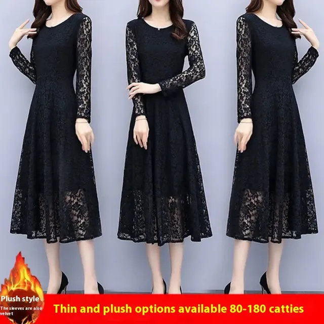 Long Sleeve Temperament Plus Size Long Velvet Lining Base A Line Dress 138 Black Plus Velvet Version - Shop at LoveMi