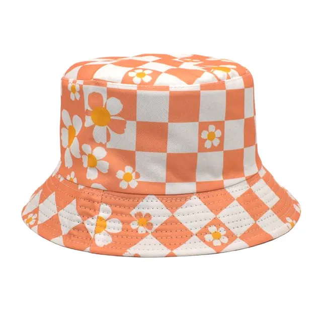 Korean Style Chessboard Plaid Spring And Summer New Bucket Hat Sun proof Orange - Shop at LoveMi