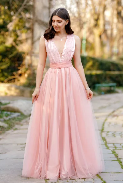 Dunhuang V neck Sleeveless Dress Slim Fit Pink - Shop at LoveMi