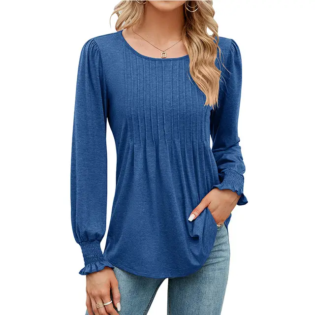 Women's Solid Color Casual Puff Sleeve Round Neck Top Blue - Shop at LoveMi