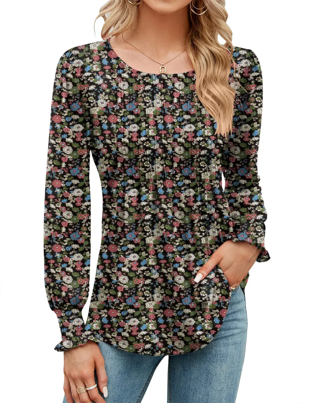 Women's Solid Colour Casual Puff Sleeve Round Neck Top - Floral Olive