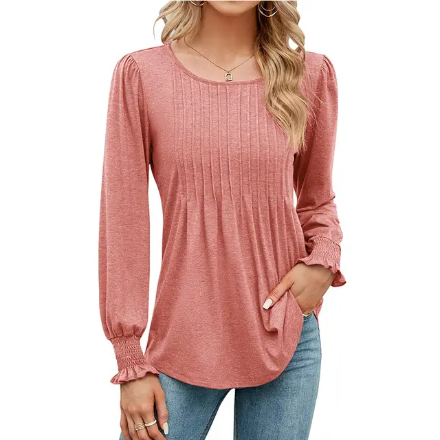 Women's Solid Color Casual Puff Sleeve Round Neck Top Pink - Shop at LoveMi