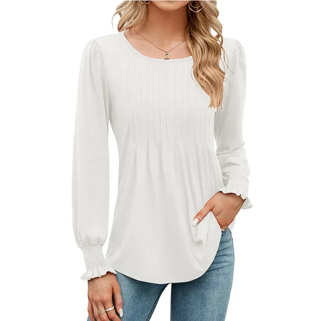 Women's Solid Color Casual Puff Sleeve Round Neck Top White - Shop at LoveMi