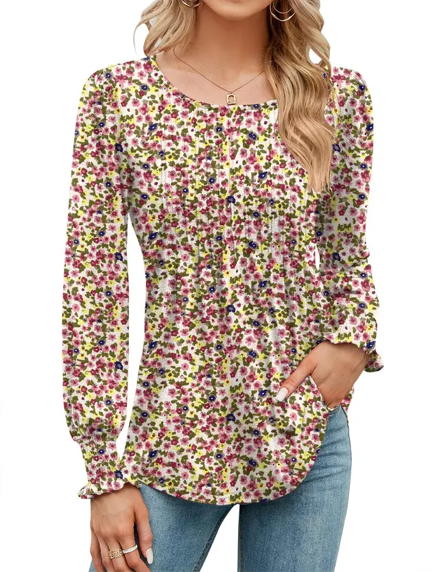 Women's Solid Color Casual Puff Sleeve Round Neck Top Yellow Flower - Shop at LoveMi