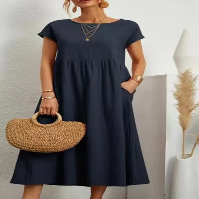 European And American Solid Color Sleeveless Loose Cotton Linen Pocket Dress Dark Blue - Shop at LoveMi